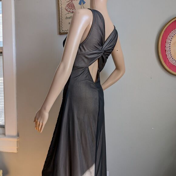 Vintage 90s LA Glo Prom Gown Black Glitter Semi Sheer Whimsygoth Dress Size M - Picture 4 of 15